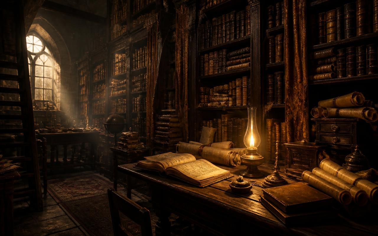 Scriptorium : rayonnages de livres anciens et manuscrits enluminés à la lueur d'une lampe