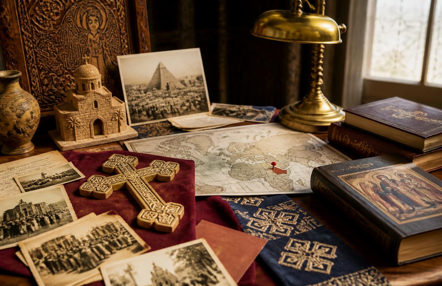 Table de travail, livres et croix copte pour l'histoire contemporaine