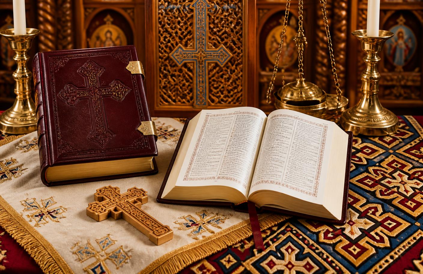 Bible copte ouverte et croix d'autel sur une nappe brodée