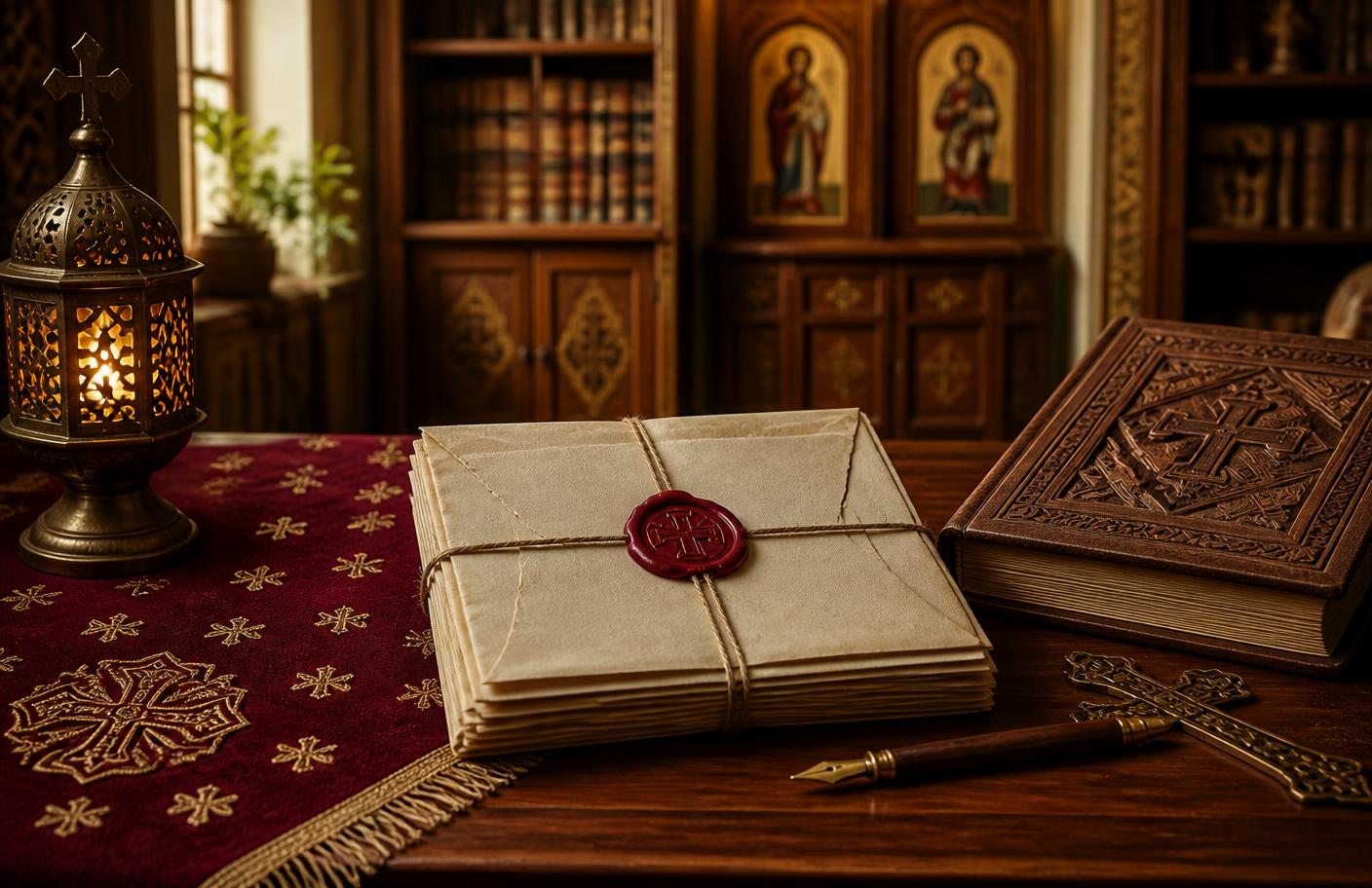 Lettre pastorale manuscrite avec sceau de cire et croix copte