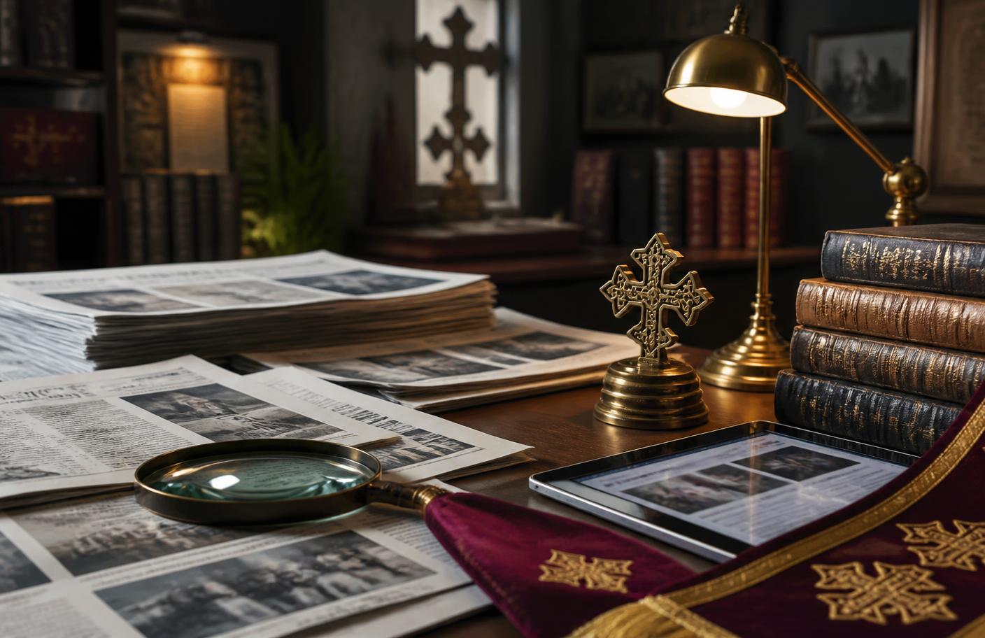 Pile de journaux, loupe et croix copte sur un bureau