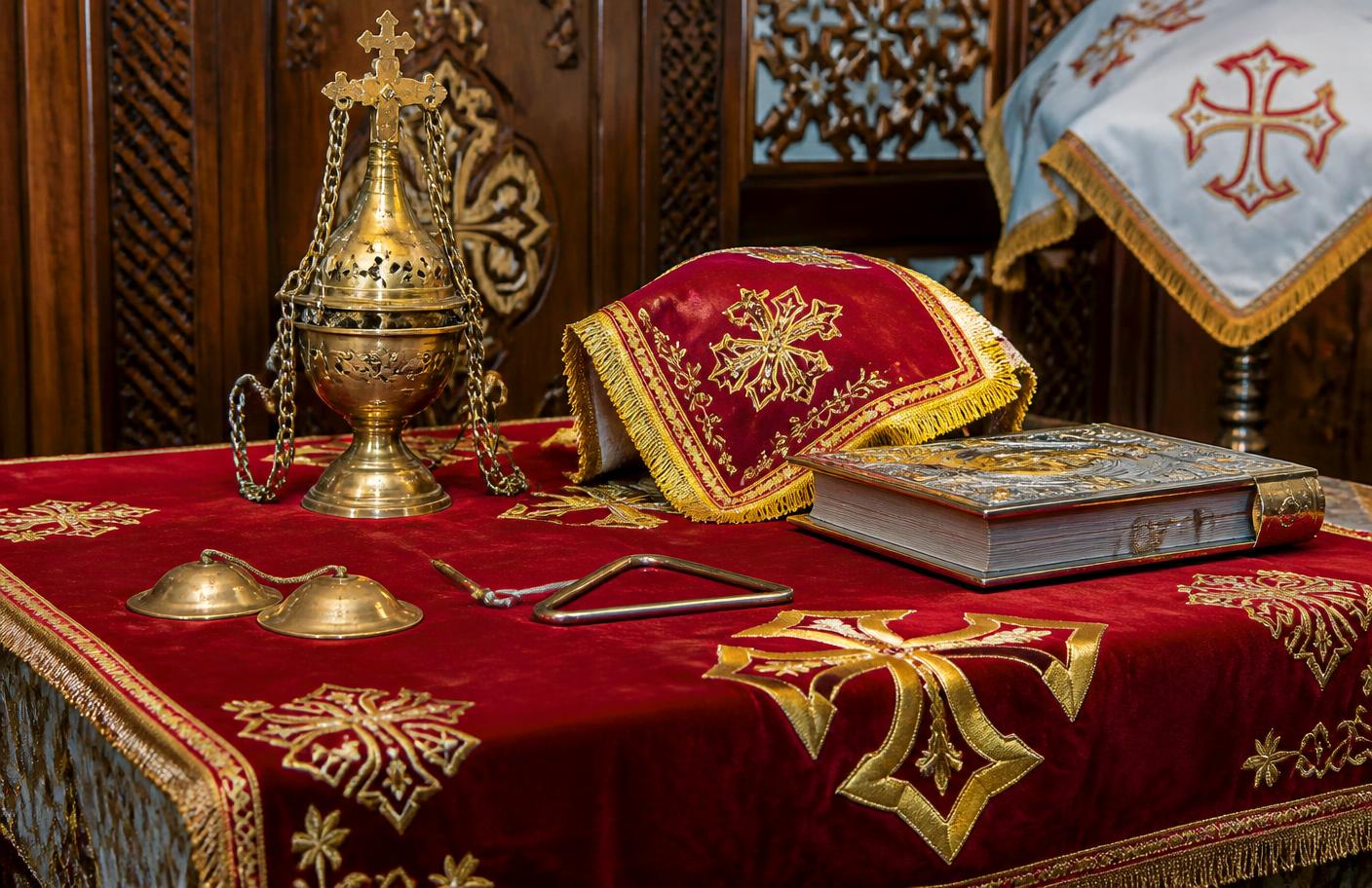 Encensoir et livre liturgique copte sur fond sombre