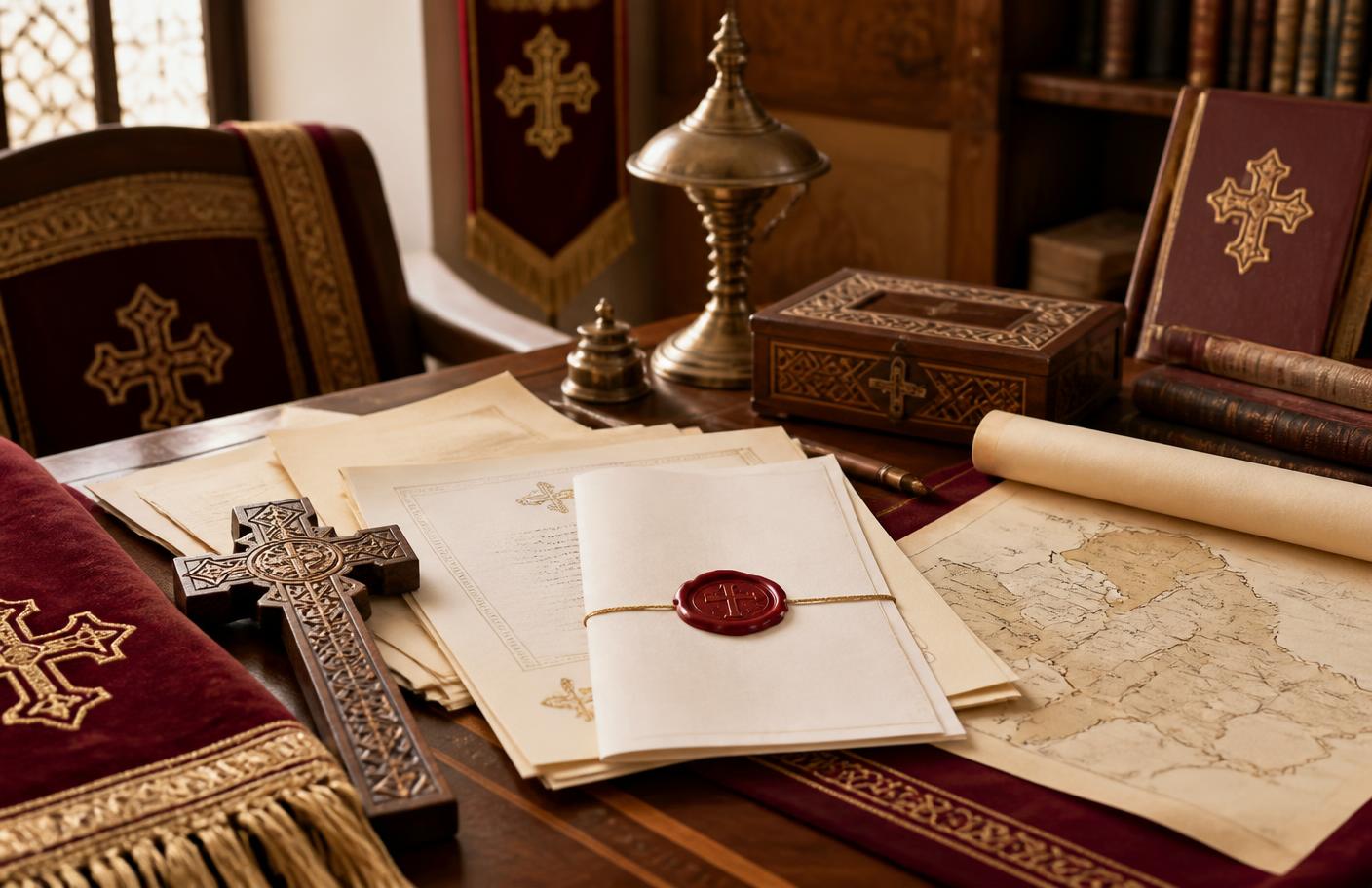 Document ecclésiastique scellé et croix copte